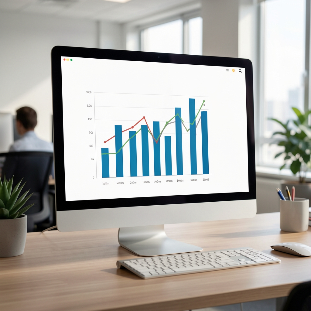 Gráficos de barras y líneas sobre indicadores financieros mostrados en una pantalla de computadora en una oficina