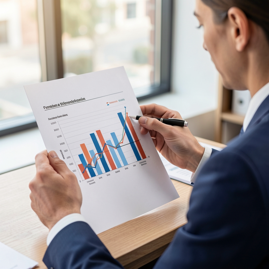 Profesional contable señalando un informe financiero impreso con gráficos de análisis vertical y horizontal