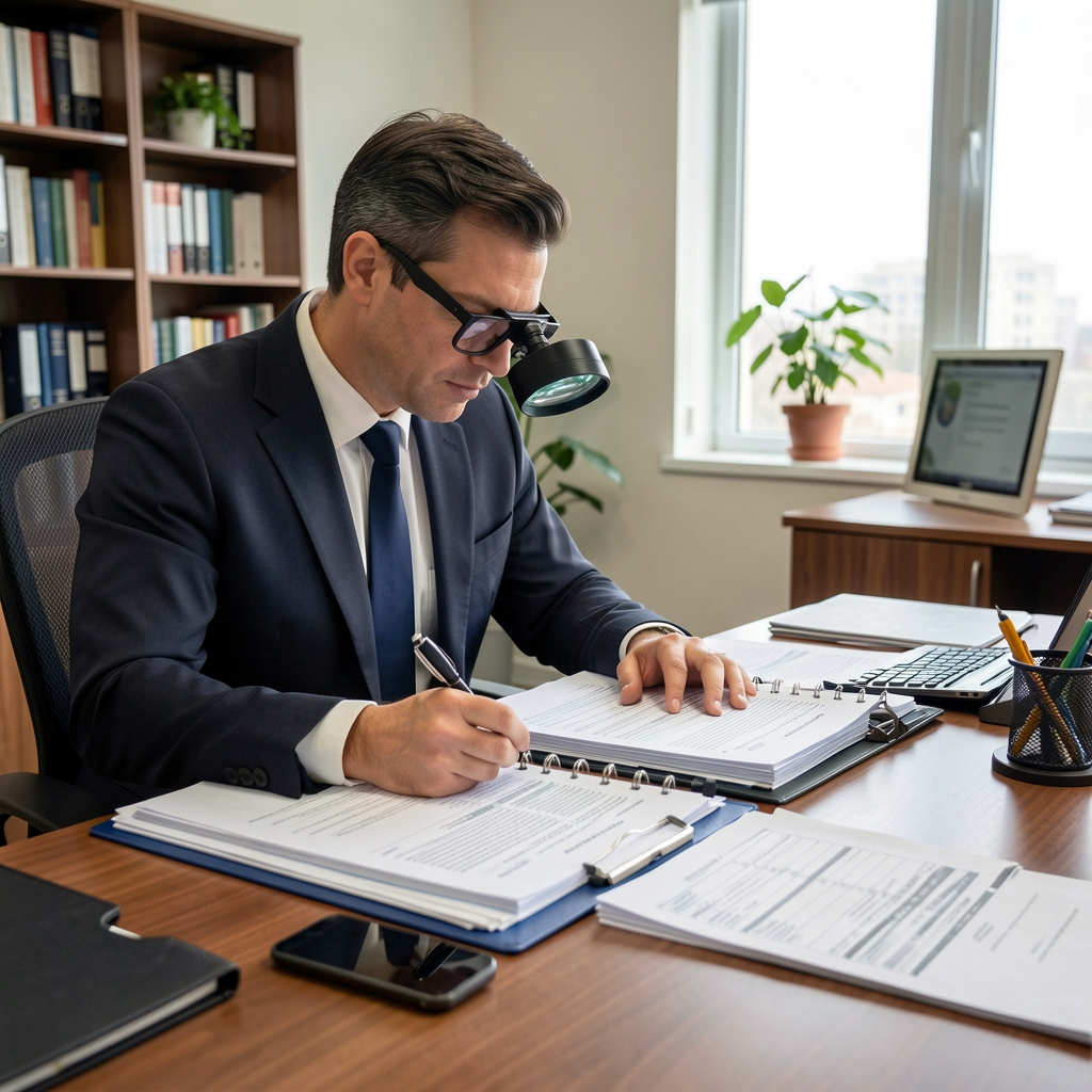 Auditor revisando carpetas de documentación contable con lupa y notas sobre un escritorio de oficina