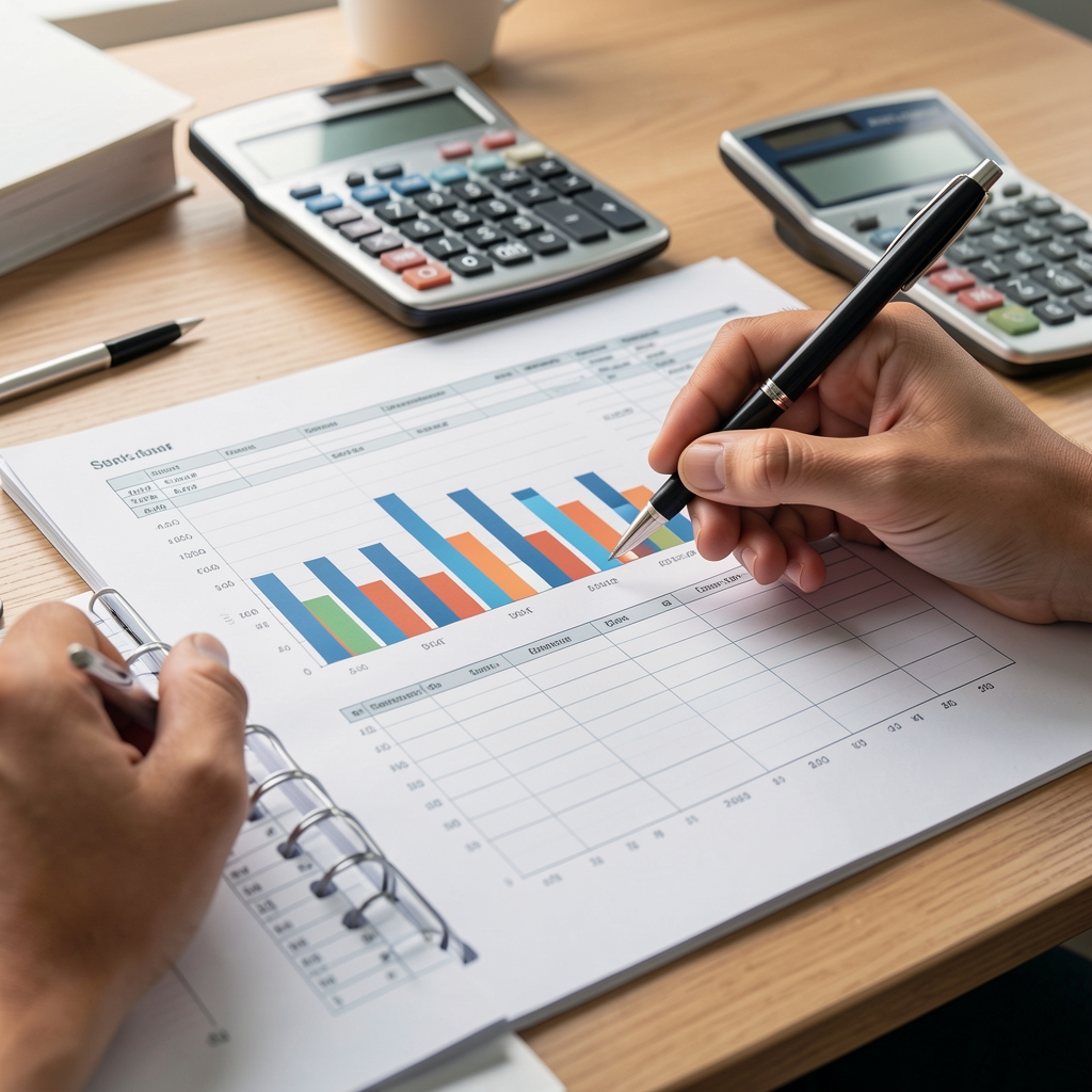 Primer plano de manos escribiendo sobre planillas de cálculo con gráficos de barras y calculadora sobre el escritorio