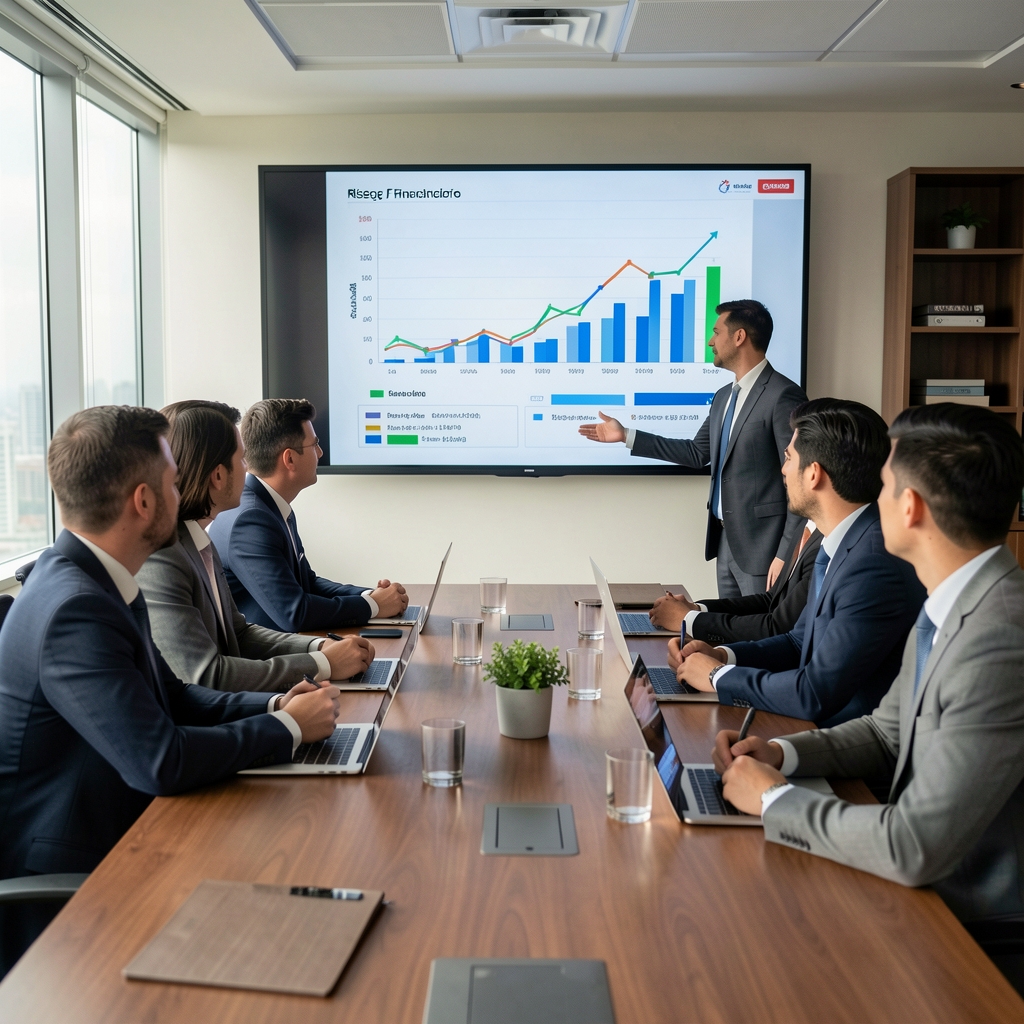 Reunión de equipo directivo discutiendo un tablero con indicadores de riesgo financiero proyectado en pantalla