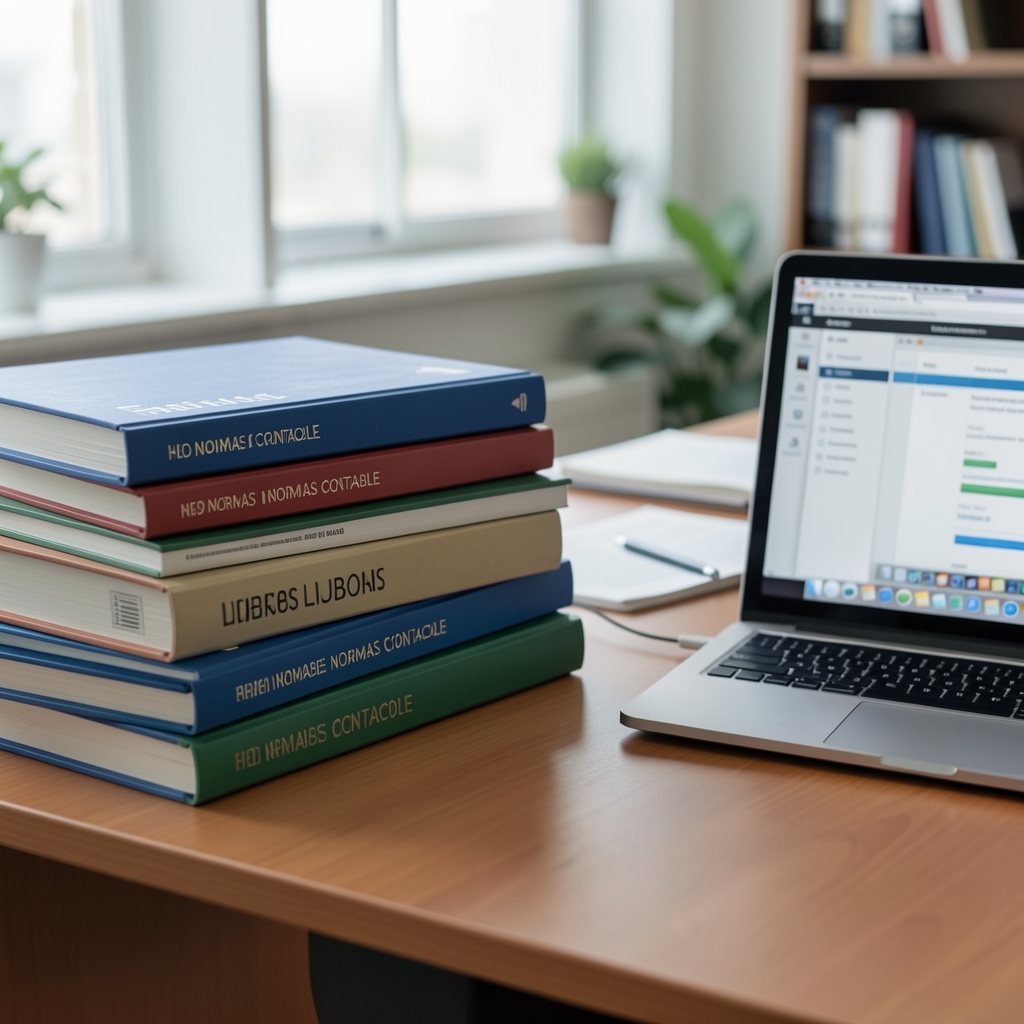Libros y carpetas de normas contables apilados sobre un escritorio de oficina junto a una laptop encendida