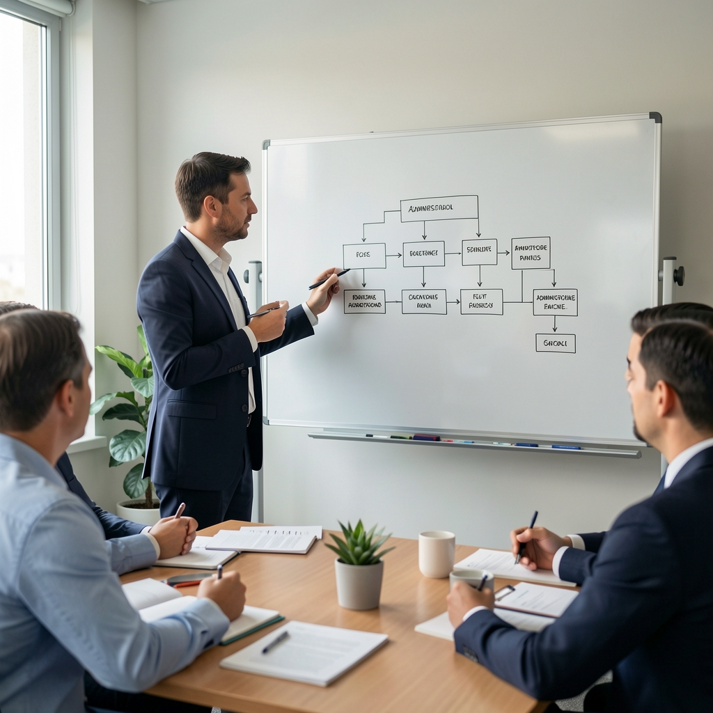 Consultor presentando un diagrama de flujo de procesos administrativos en una pizarra blanca durante una reunión de trabajo