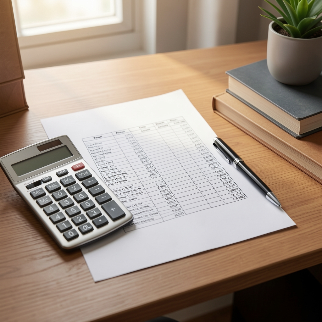 Planilla de presupuesto anual impresa junto a una calculadora y un bolígrafo sobre un escritorio de oficina