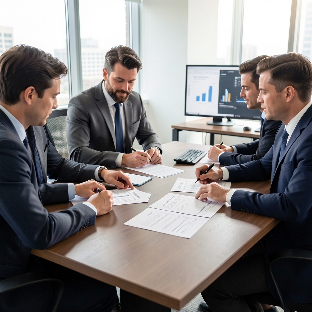 Equipo de profesionales contables revisando informes financieros impresos sobre una mesa de reuniones