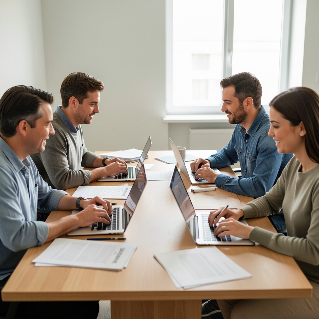 Equipo editorial de cuatro personas trabajando en conjunto alrededor de una mesa con laptops y documentos impresos
