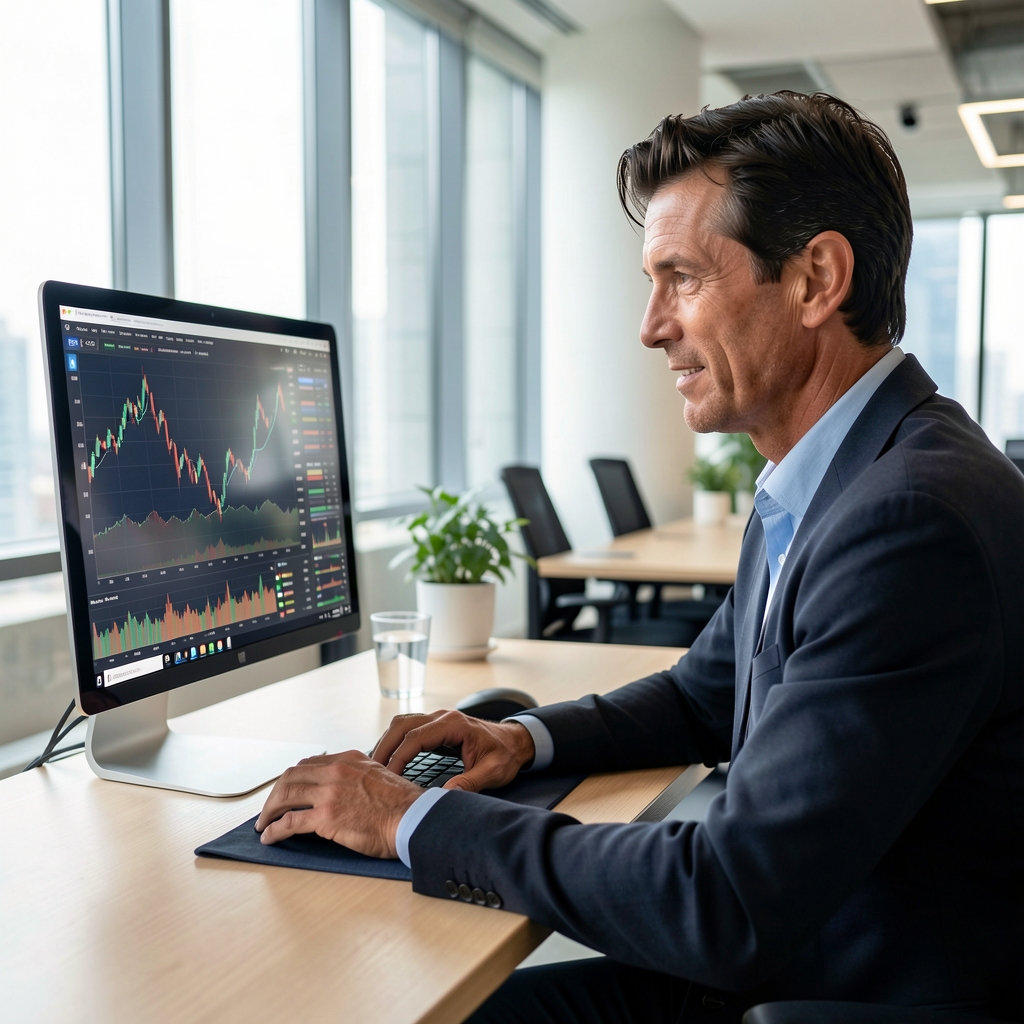 Contador analizando gráficos financieros en pantalla de computadora dentro de una oficina moderna con luz natural