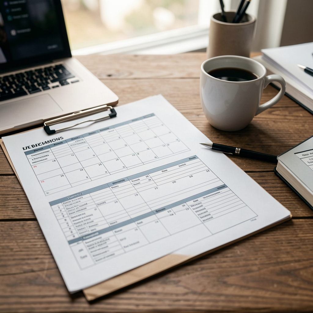 Calendario de vencimientos fiscales y formularios impositivos organizados sobre un escritorio junto a una taza de café