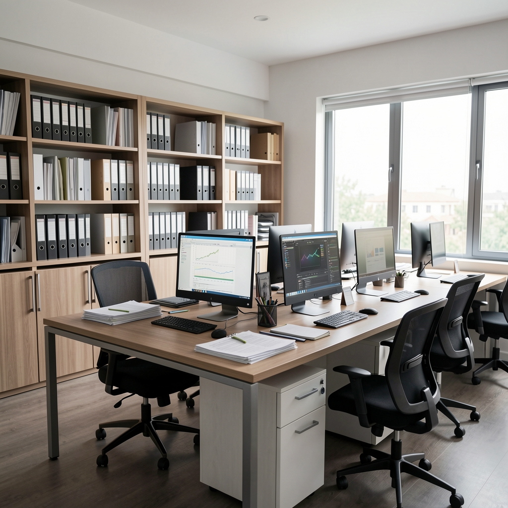 Oficina contable moderna con escritorios ordenados, monitores encendidos y estanterías con carpetas archivadas